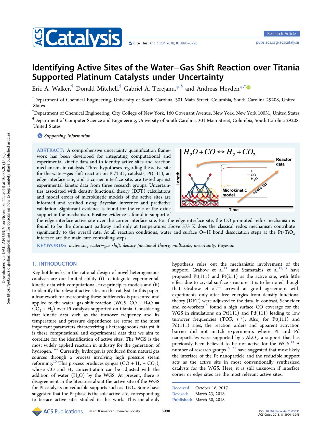 Identifying Active Sites of the WaterâGas Shift Reaction over Titania Supported Platinum Catalysts under Uncertainty by Eric A. Walker & Donald Mitchell & Gabriel A. Terejanu & Andreas Heyden