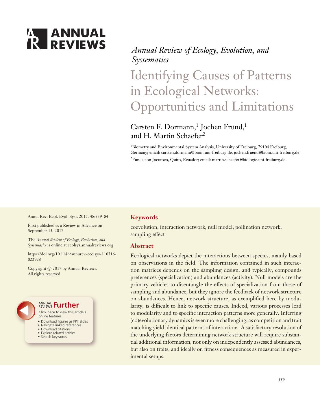 Identifying Causes of Patterns in Ecological Networks: Opportunities and Limitations by Carsten F. Dormann Jochen Fründ H. Martin Schaefer