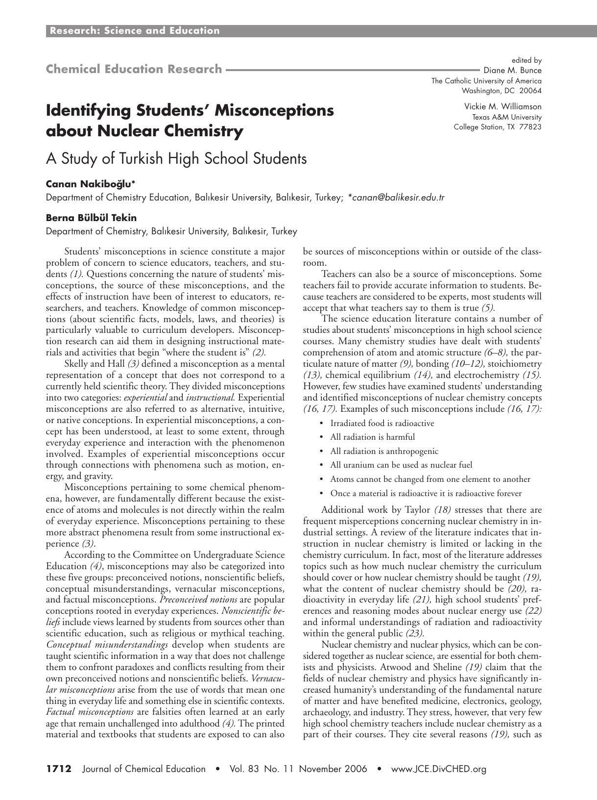 Identifying Students' Misconceptions about Nuclear Chemistry. A Study of Turkish High School Students by Canan Nakiboglu and Berna B&&uuml;lb&&uuml;l Tekin