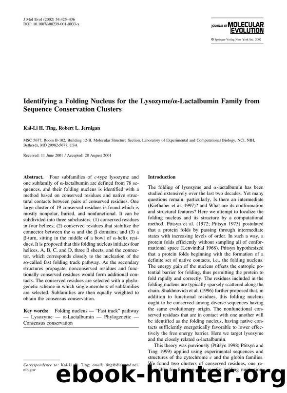 Identifying a Folding Nucleus for the Lysozyme&alpha;-Lactalbumin Family from Sequence Conservation Clusters by Ting K.-L. et al