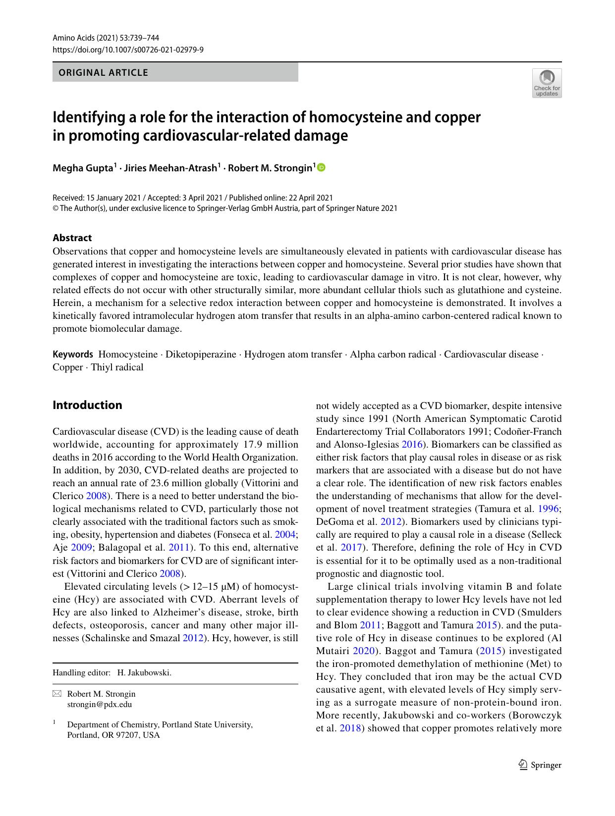 Identifying a role for the interaction of homocysteine and copper in promoting cardiovascular-related damage by Megha Gupta & Jiries Meehan-Atrash & Robert M. Strongin