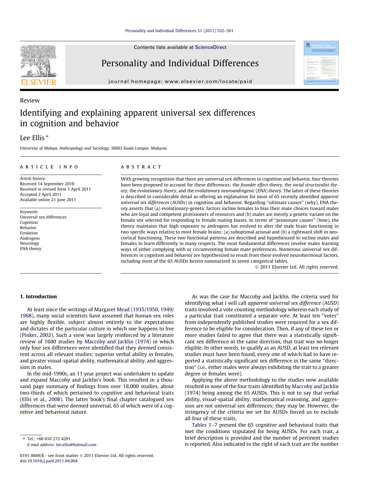 Identifying and explaining apparent universal sex differences in cognition and behavior by Lee Ellis
