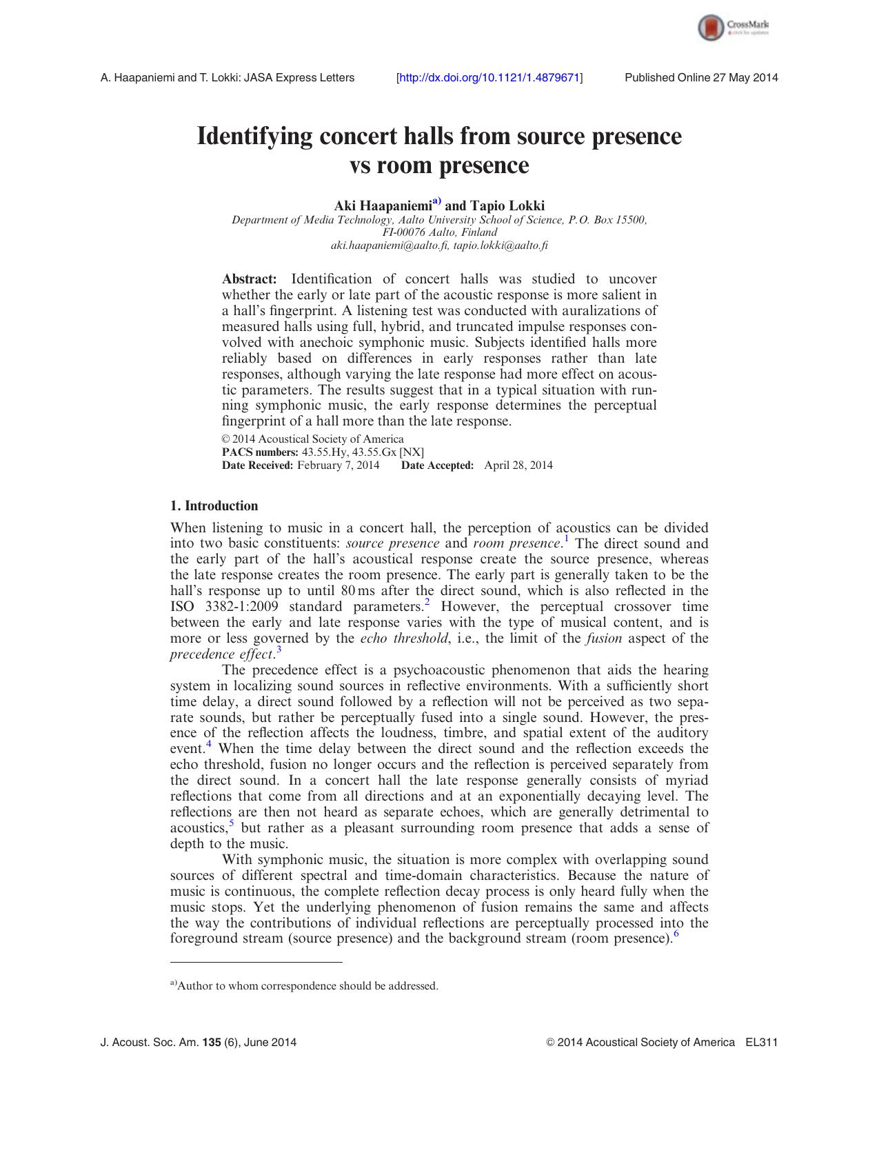 Identifying concert halls from source presence vs room presence by Aki Haapaniemi & Tapio Lokki