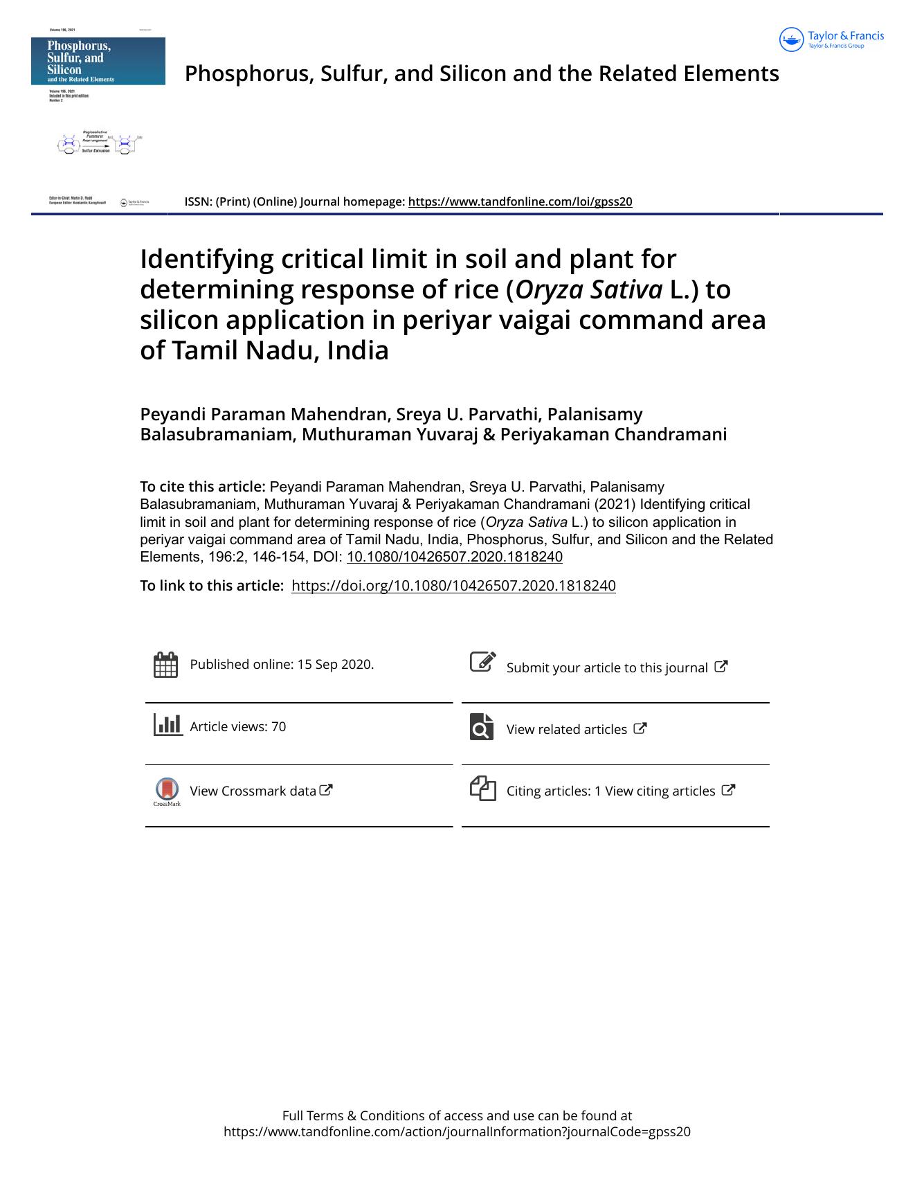 Identifying critical limit in soil and plant for determining response of rice (Oryza Sativa L.) to silicon application in periyar vaigai command area of Tamil Nadu, India by unknow