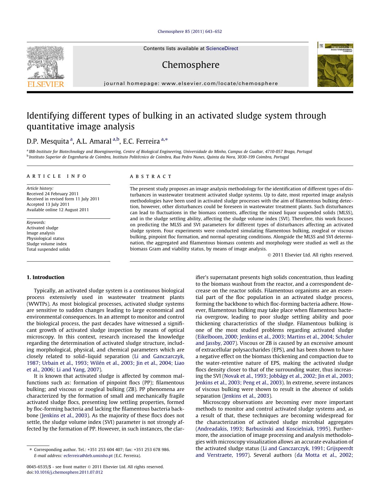 Identifying different types of bulking in an activated sludge system through quantitative image analysis by D.P. Mesquita & A.L. Amaral & E.C. Ferreira