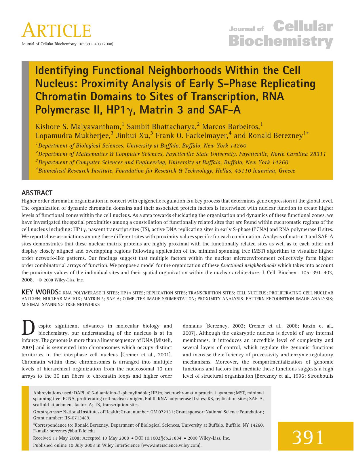 Identifying functional neighborhoods within the cell nucleus: Proximity analysis of early S-phase replicating chromatin domains to sites of transcription, RNA polymerase II, HP1[ga by Unknown
