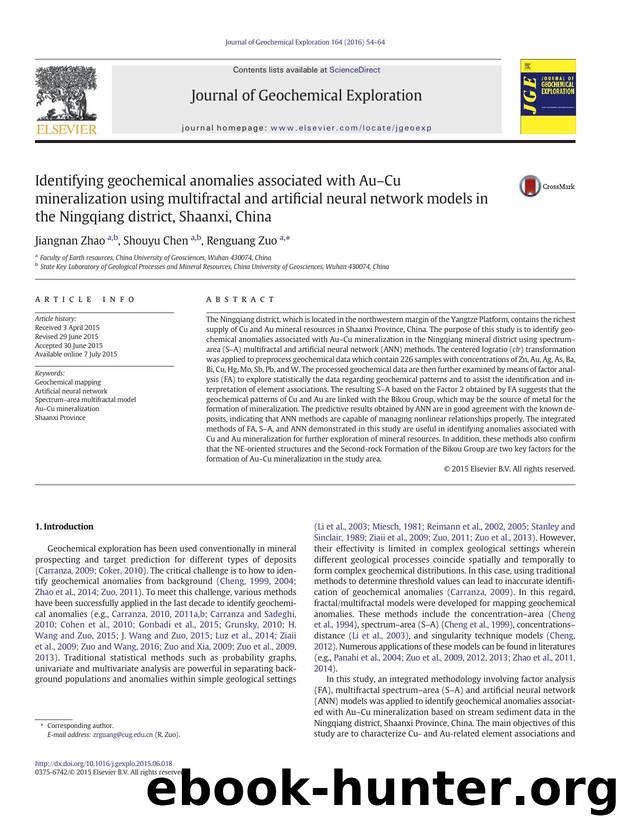 Identifying geochemical anomalies associated with AuâCu mineralization using multifractal and artificial neural network models in the Ningqiang district, Shaanxi, China by Jiangnan Zhao & Shouyu Chen & Renguang Zuo