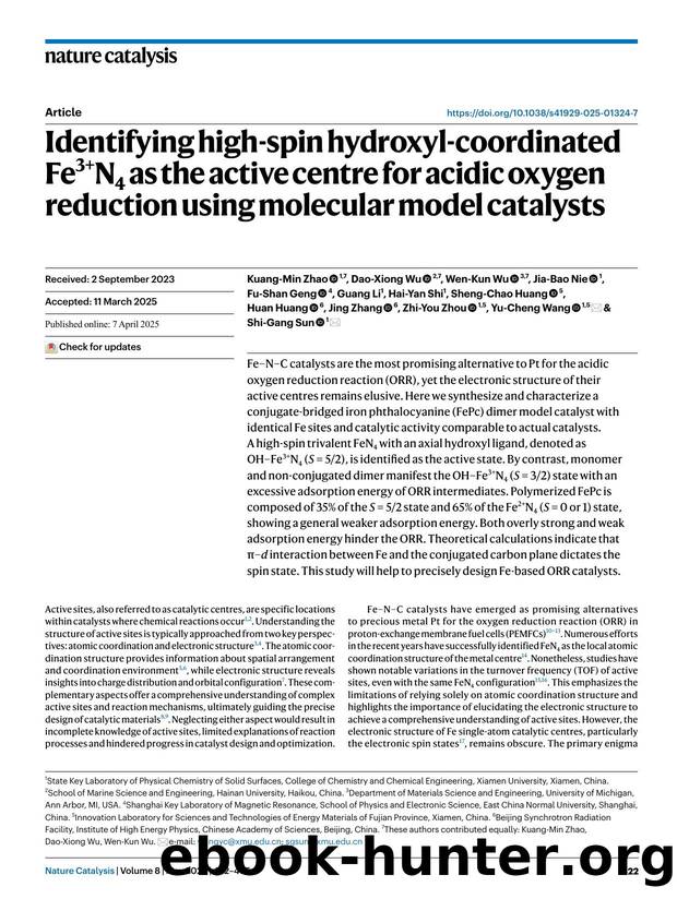 Identifying high-spin hydroxyl-coordinated Fe3+N4 as the active centre for acidic oxygen reduction using molecular model catalysts by unknow