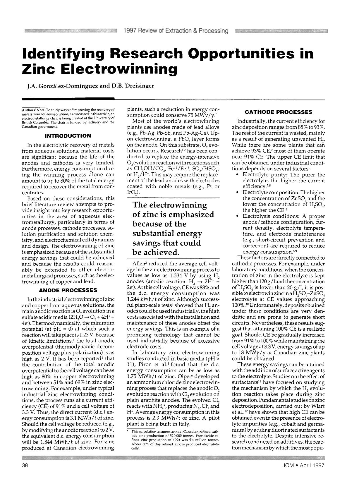 Identifying research opportunities in zinc electrowinning by Unknown