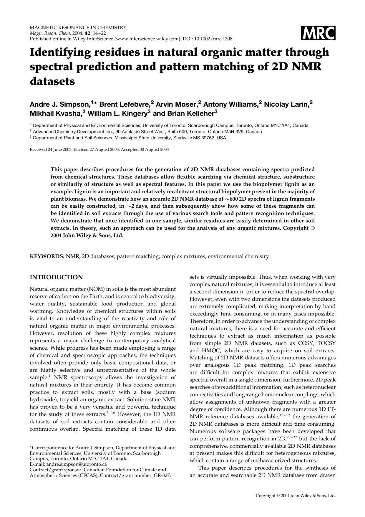 Identifying residues in natural organic matter through spectral prediction and pattern matching of 2D NMR datasets by Unknown