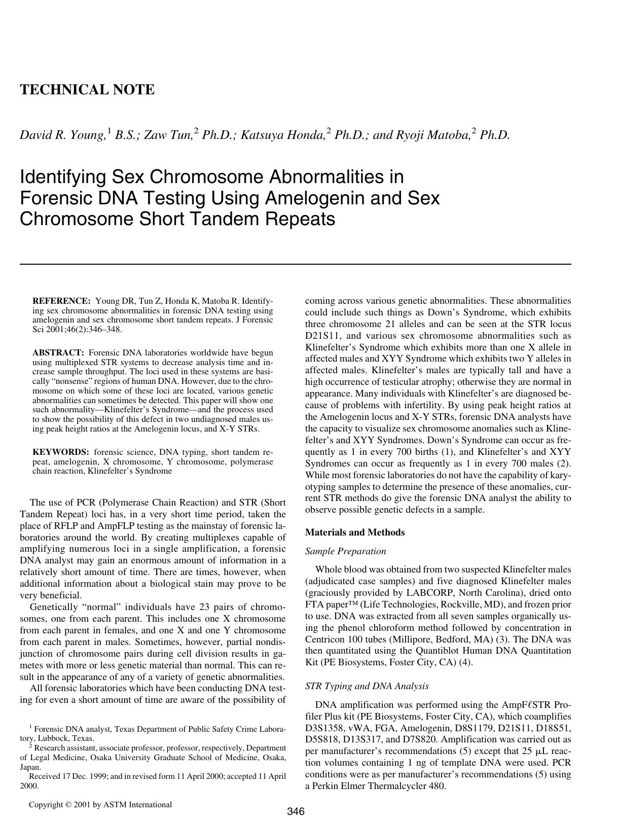 Identifying sex chromosome abnormalities in forensic DNA testing using amelogenin and sex chromosome short tandem repeats by Young DR Tun Z Honda K Matoba R