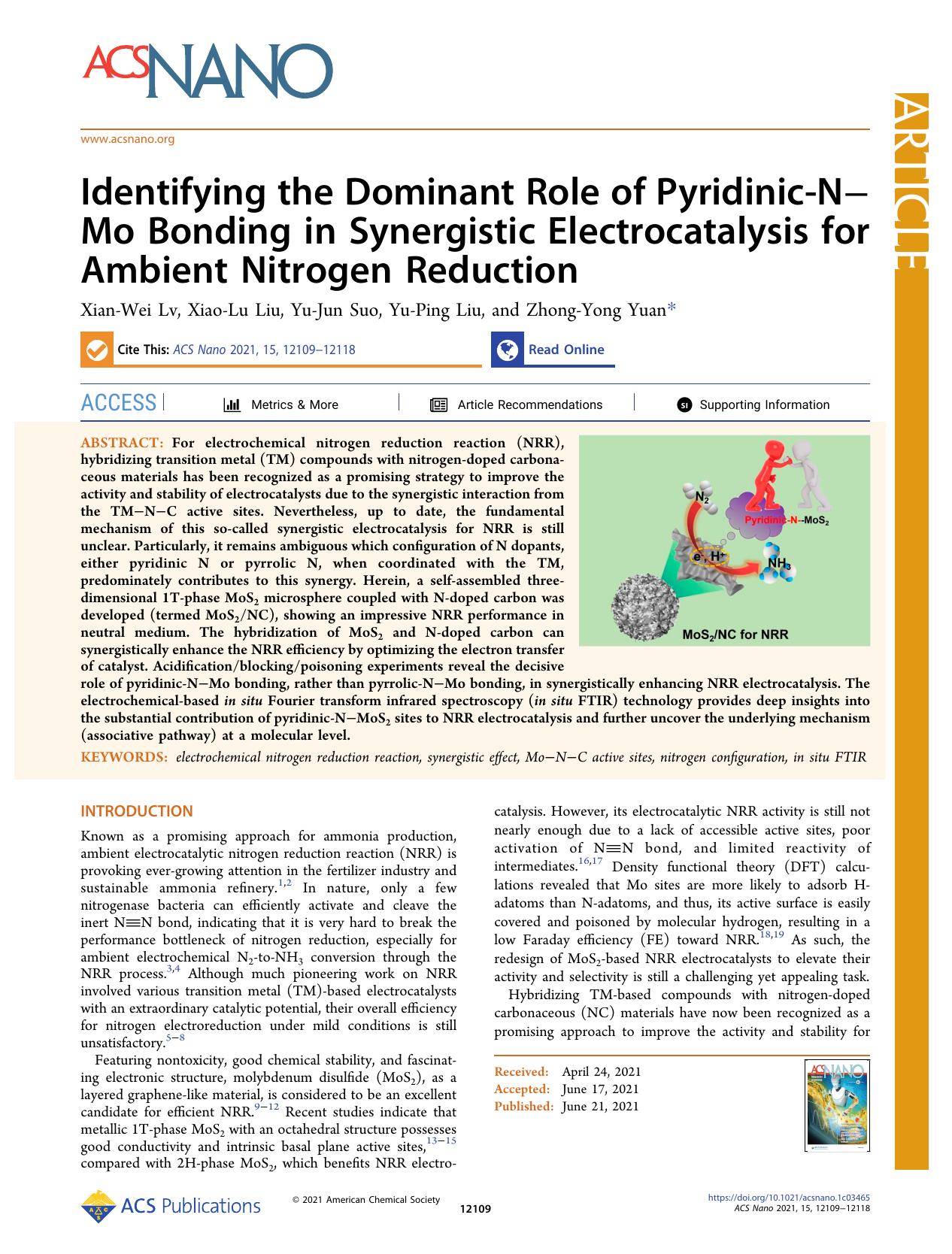 Identifying the Dominant Role of Pyridinic-NâMo Bonding in Synergistic Electrocatalysis for Ambient Nitrogen Reduction by Xian-Wei Lv Xiao-Lu Liu Yu-Jun Suo Yu-Ping Liu and Zhong-Yong Yuan