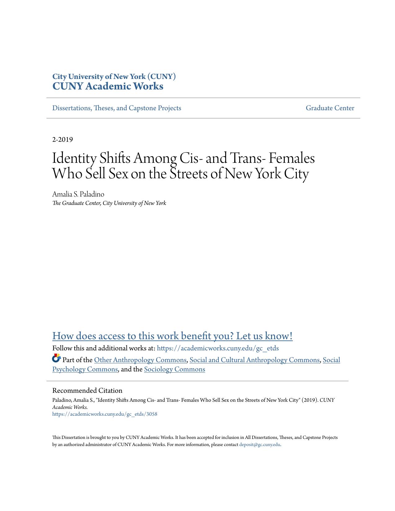 Identity Shifts Among Cis- and Trans- Females Who Sell Sex on the Streets of New York City by Paladino Amalia S