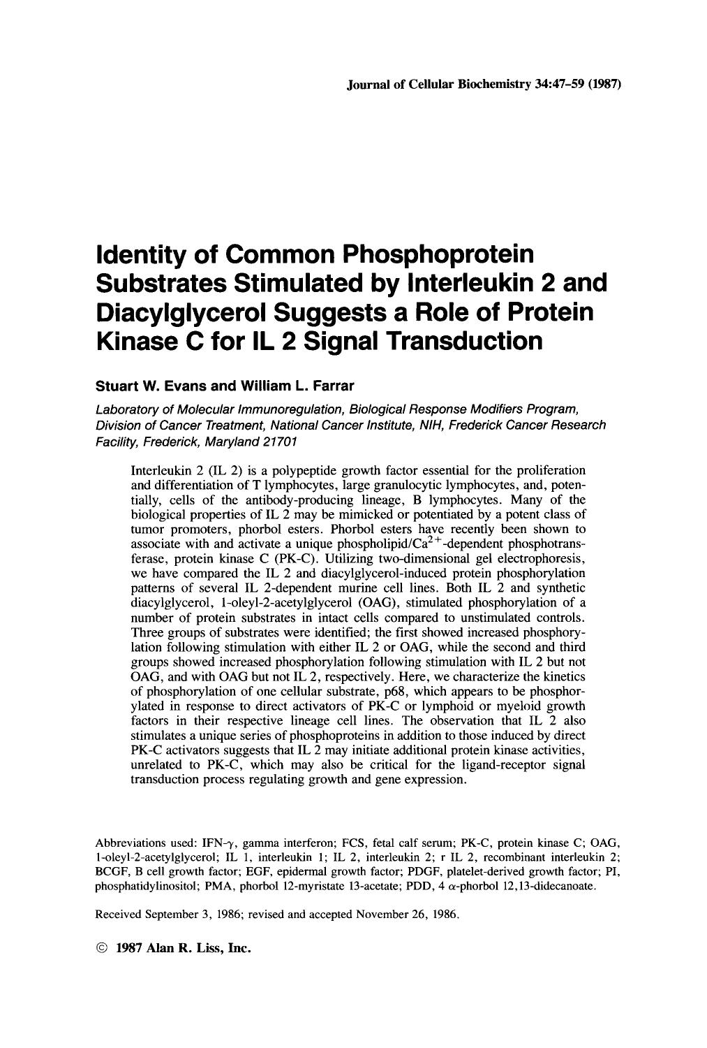 Identity of common phosphoprotein substrates stimulated by interleukin 2 and diacylglycerol suggests a role of protein kinase C for IL 2 signal transduction by Unknown