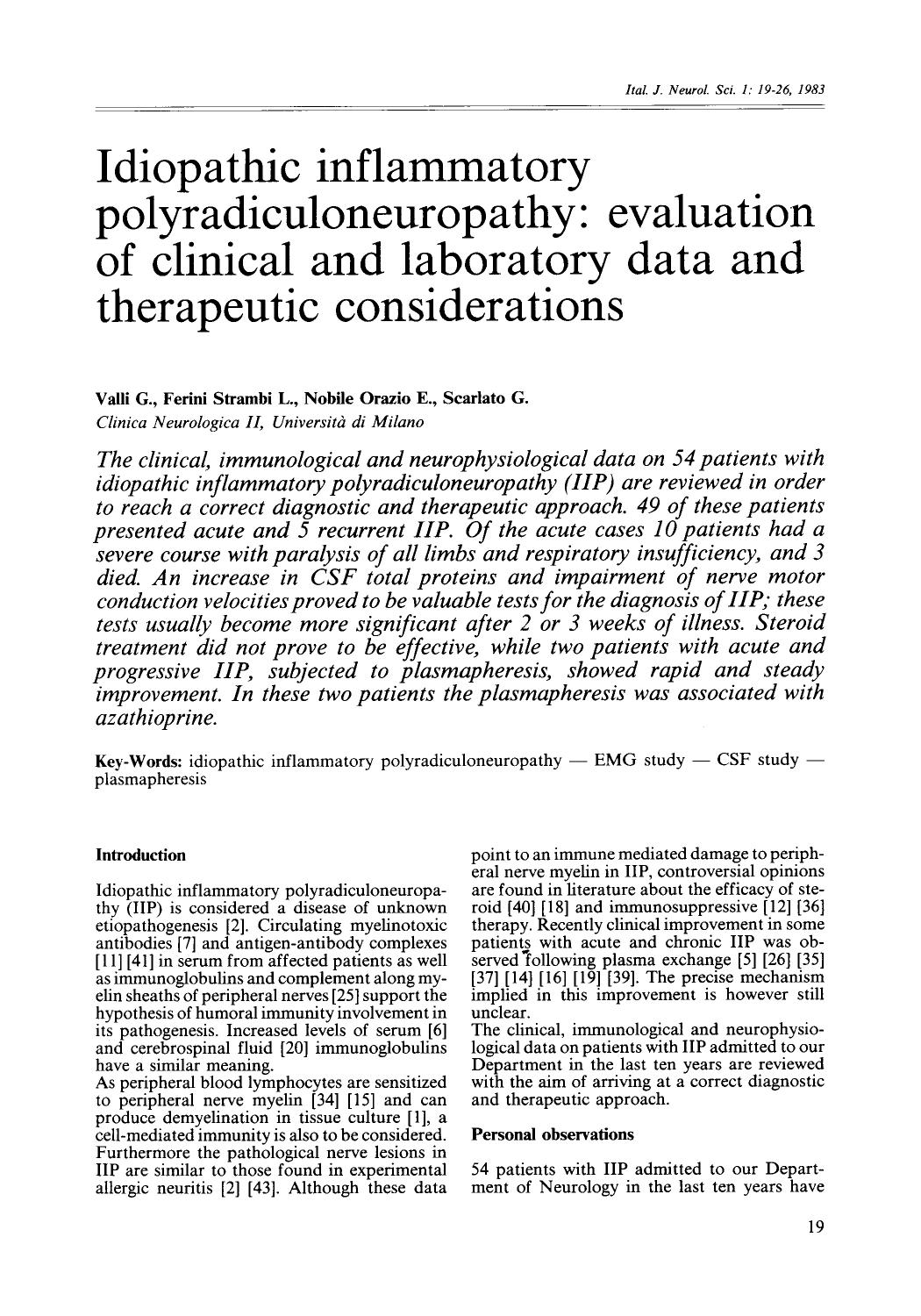 Idiopathic inflammatory polyradiculoneuropathy: Evaluation of clinical and laboratory data and therapeutic considerations by Unknown