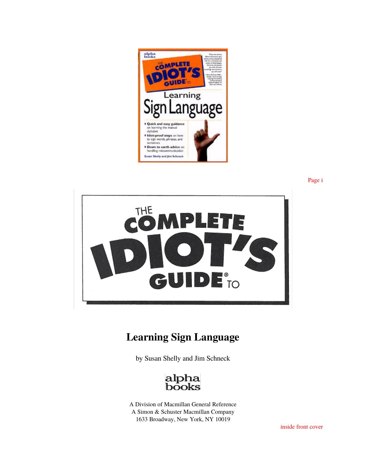 Idiots Guide to Sign Language by Susan Shelly & Jim Schneck