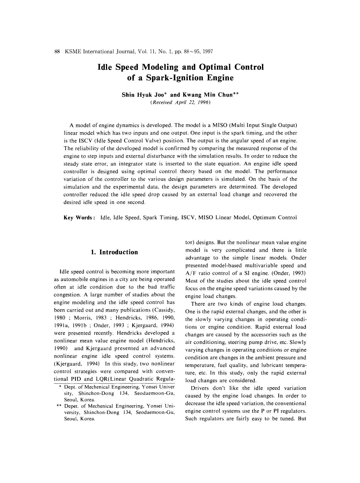 Idle speed modeling and optimal control of a spark-ignition engine by Unknown