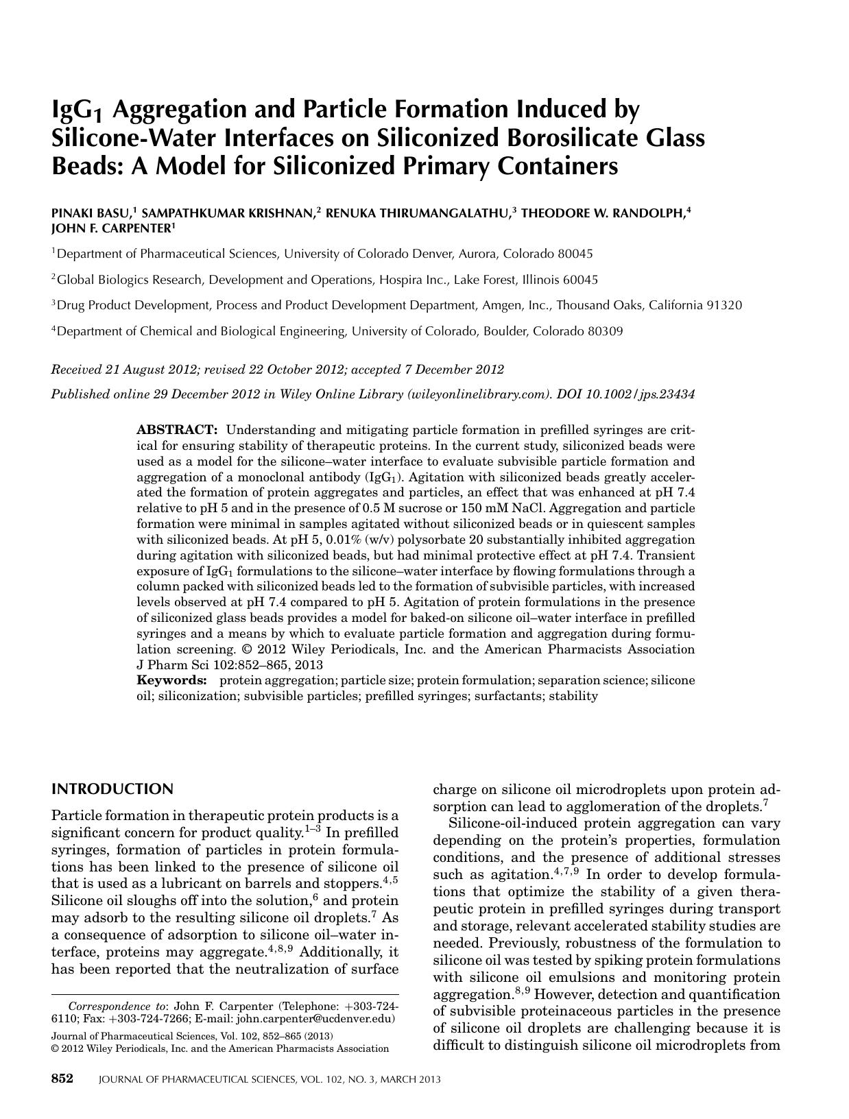 IgG1 aggregation and particle formation induced by siliconewater interfaces on siliconized borosilicate glass beads: A model for siliconized primary containers by Unknown