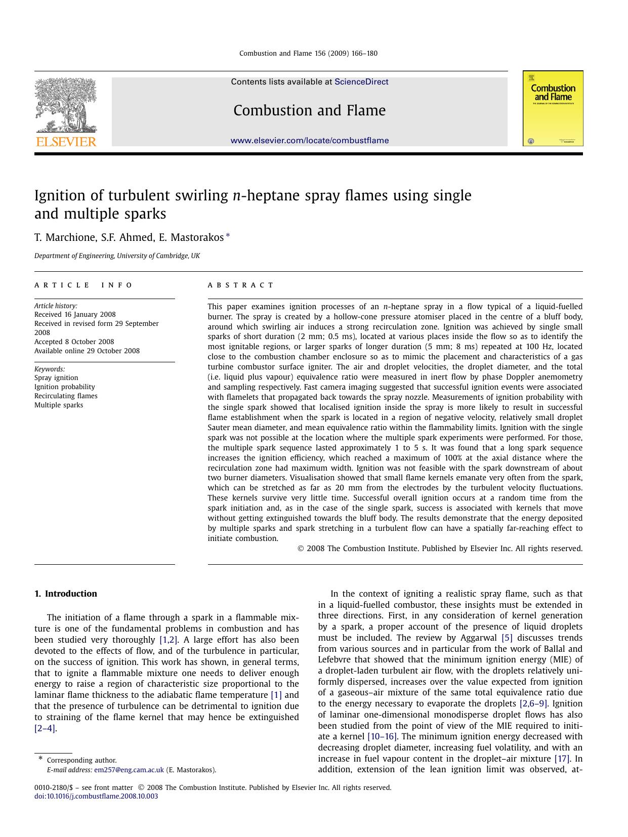 Ignition of turbulent swirling n-heptane spray flames using single and multiple sparks by T. Marchione; S.F. Ahmed; E. Mastorakos