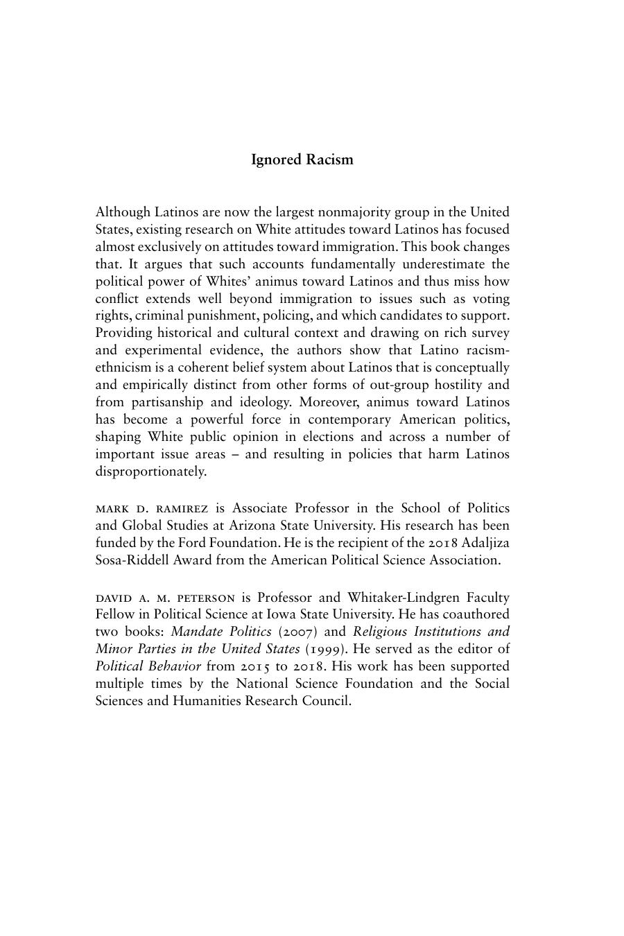 Ignored Racism: White Animus Toward Latinos by Mark D. Ramirez David A. M. Peterson