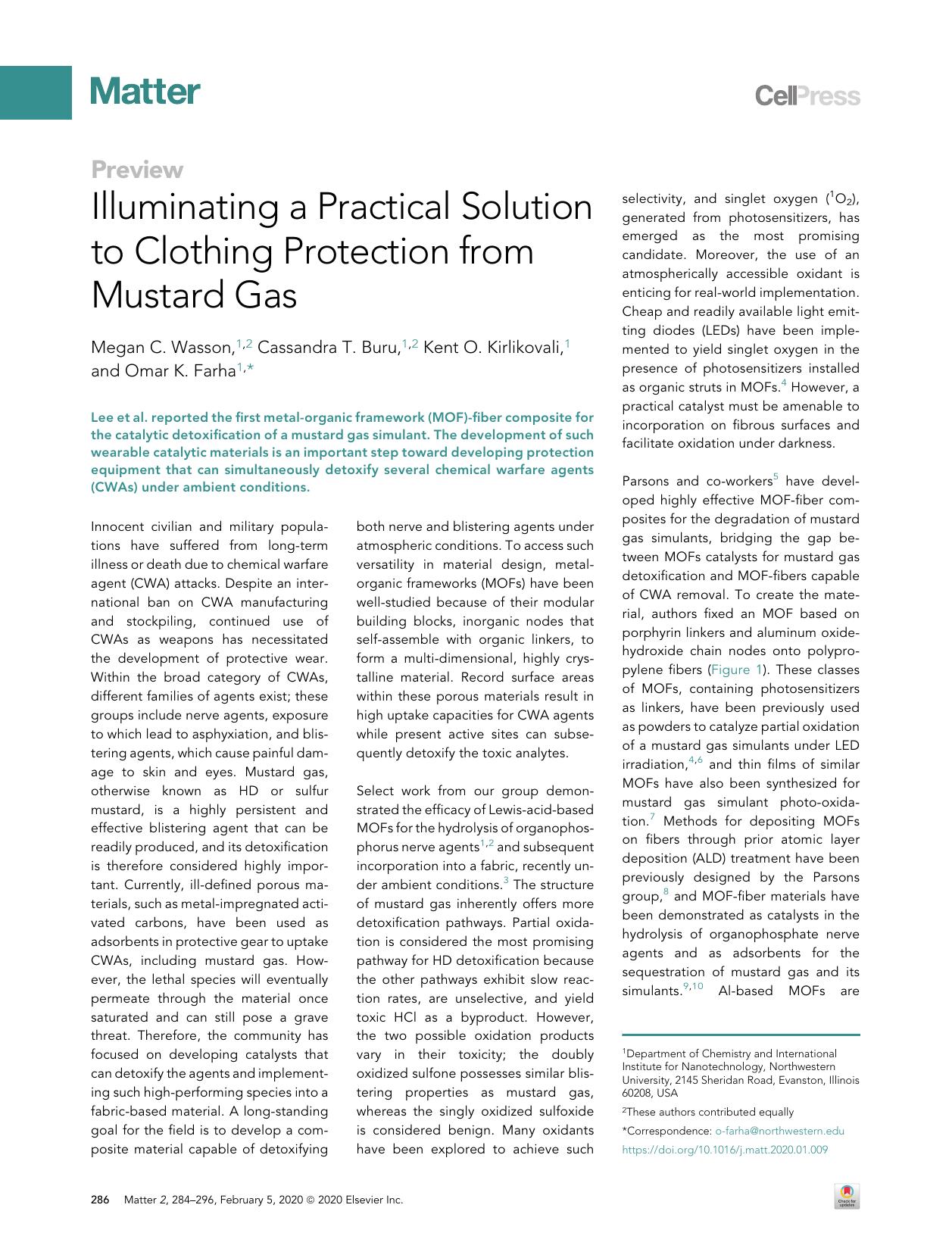 Illuminating a Practical Solution to Clothing Protection from Mustard Gas by Megan C. Wasson & Cassandra T. Buru & Kent O. Kirlikovali & Omar K. Farha
