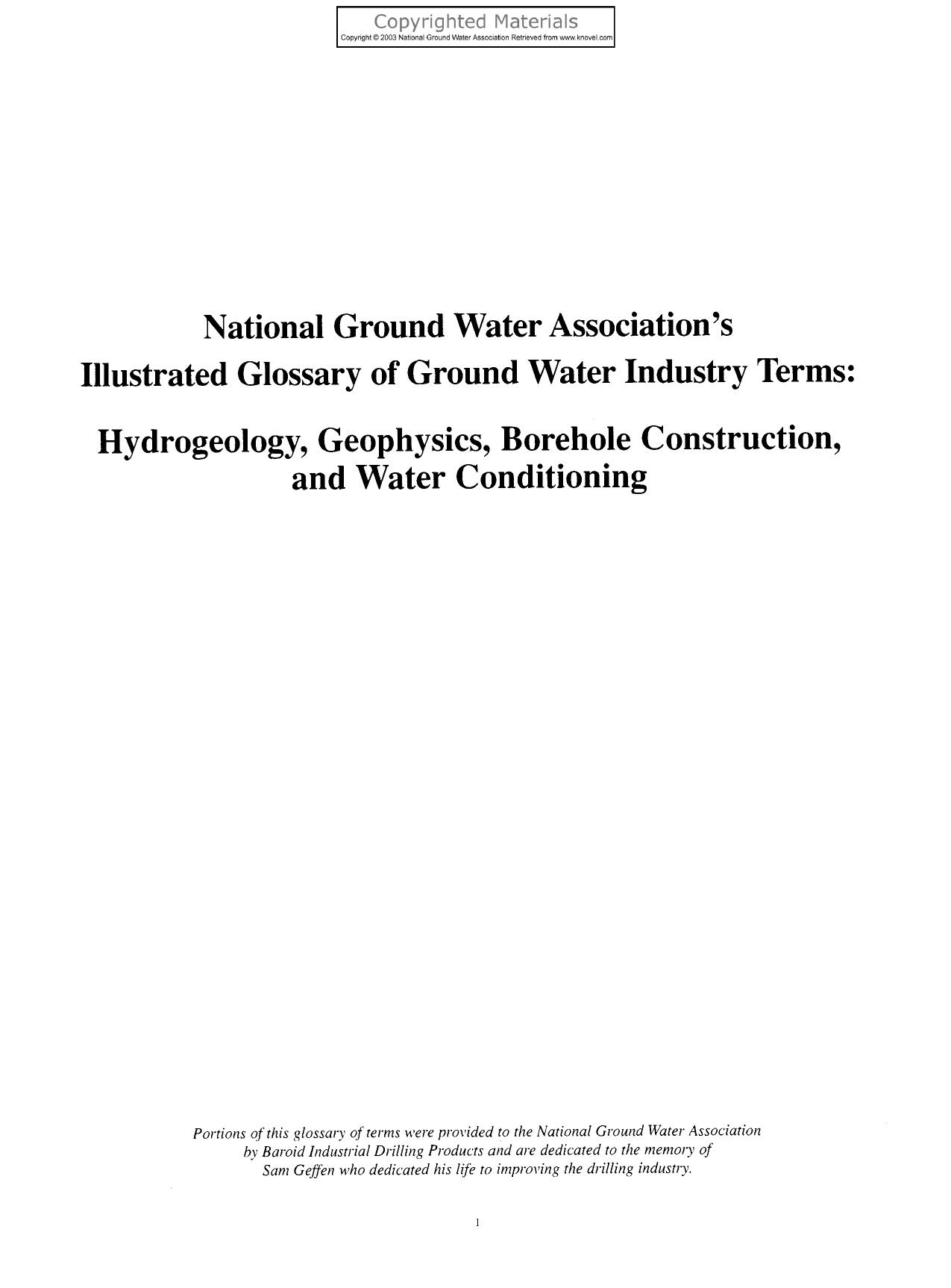 Illustrated Glossary of Ground Water Industry Terms: Hydrogeology, Geophysics, Borehole Construction, and Water Conditioning by Committee on Valuing Ground Water