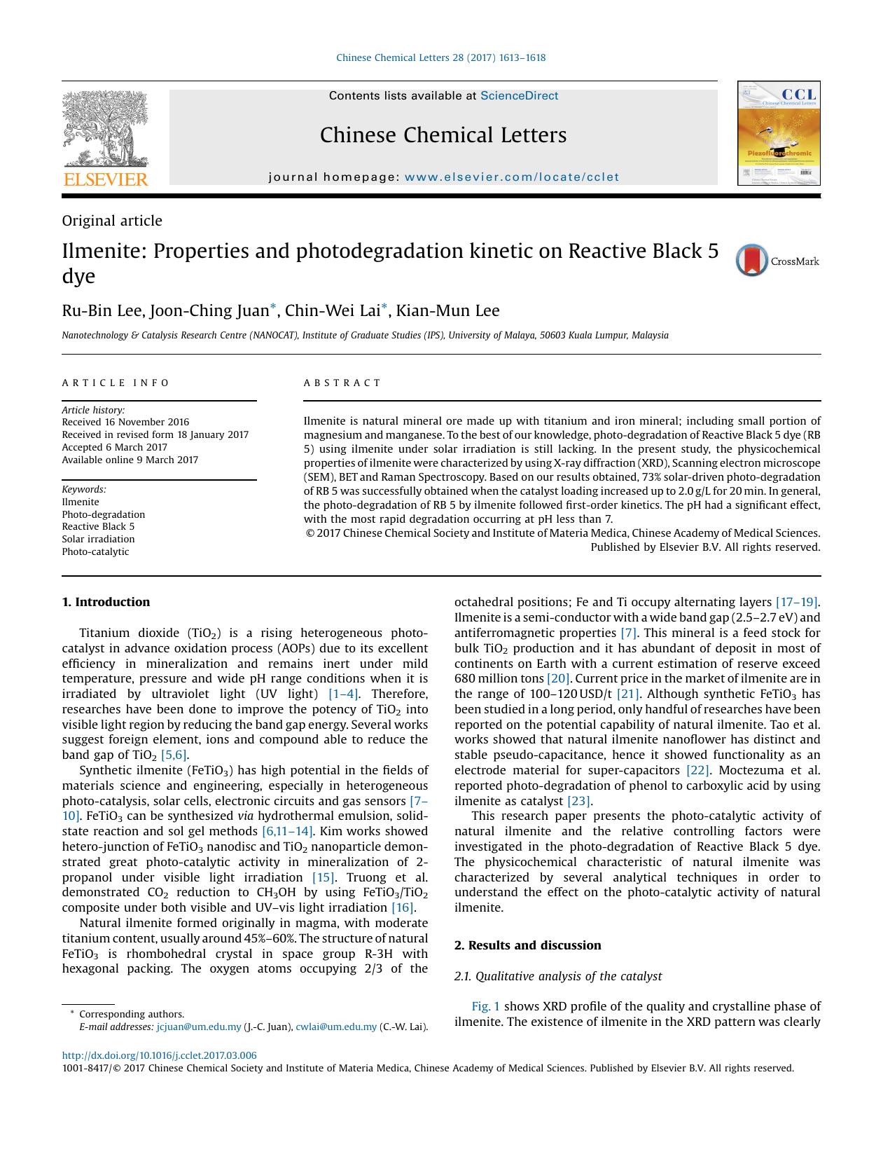 Ilmenite: Properties and photodegradation kinetic on Reactive Black 5 dye by Ru-Bin Lee