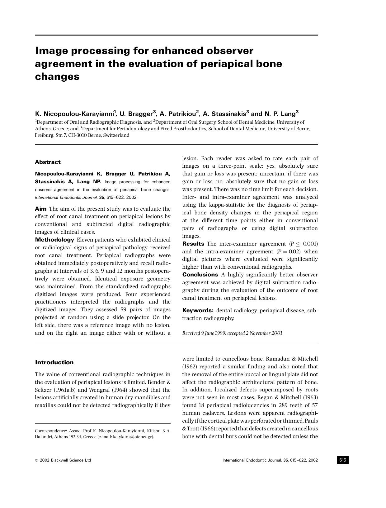 Image processing for enhanced observer agreement in the evaluation of periapical bone changes by Unknown