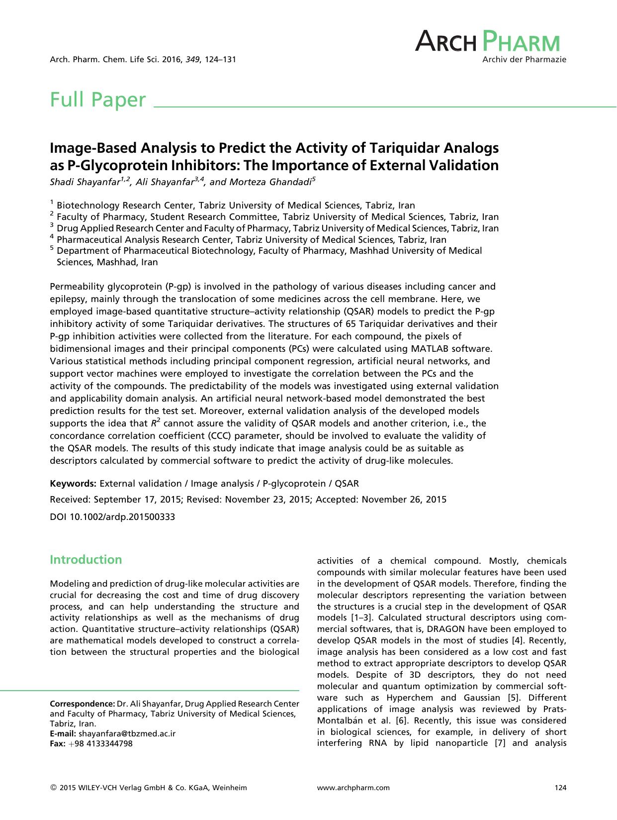 Image-Based Analysis to Predict the Activity of Tariquidar Analogs as P-Glycoprotein Inhibitors: The Importance of External Validation by Unknown