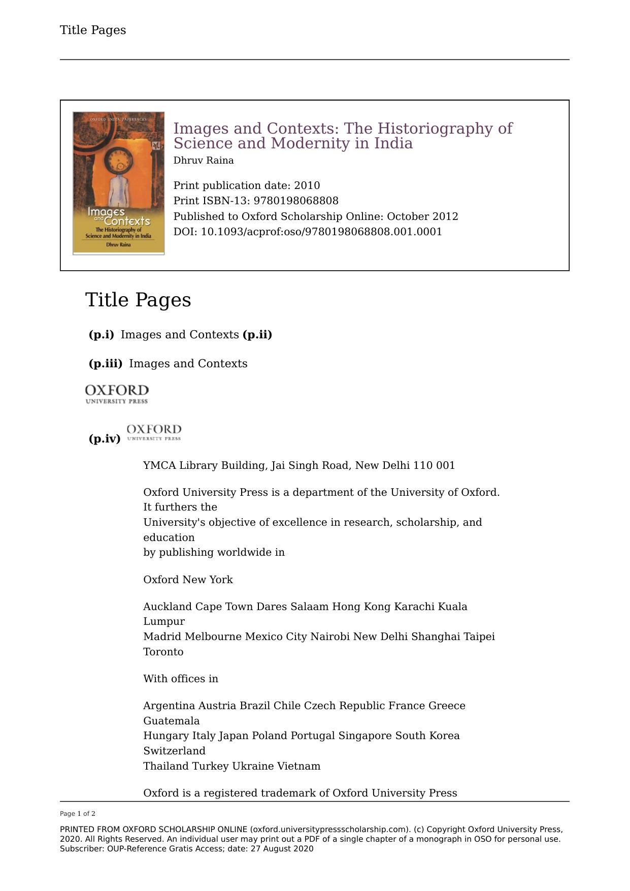 Images and Contexts: The Historiography of Science and Modernity in India by Dhruv Raina