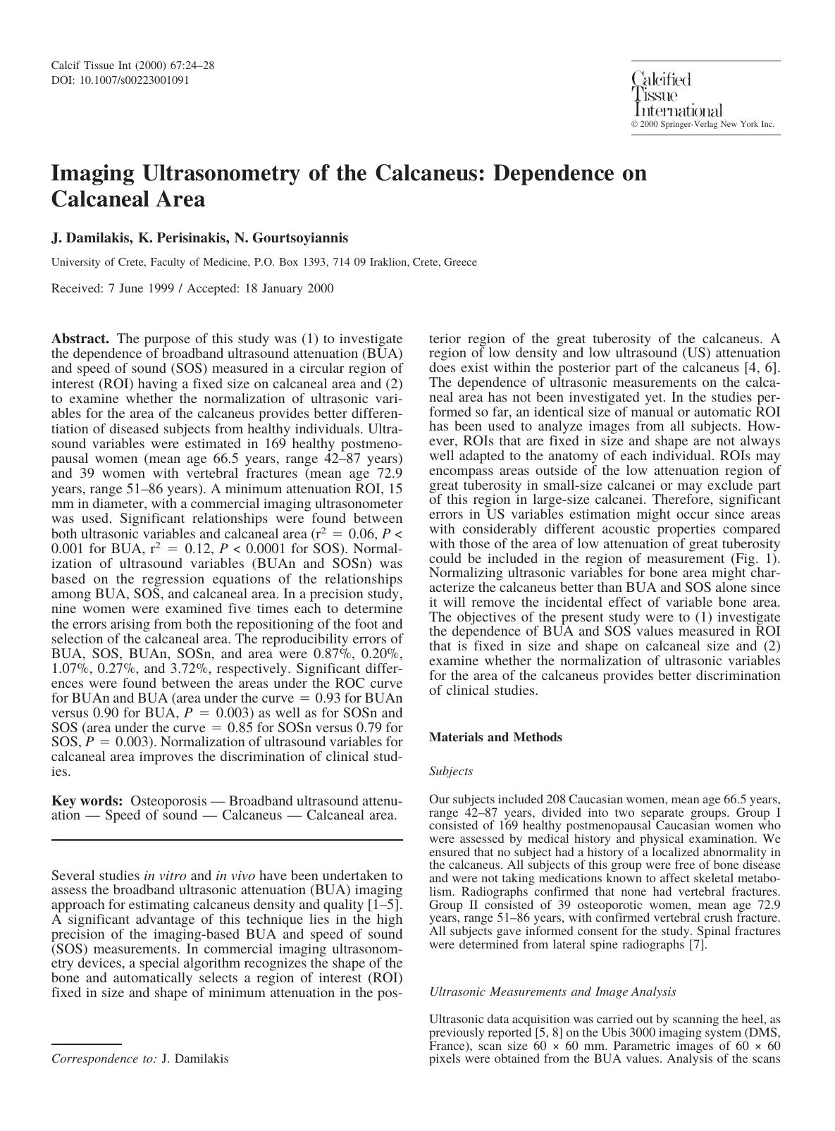 Imaging Ultrasonometry of the Calcaneus: Dependence on Calcaneal Area by Damilakis J. et al