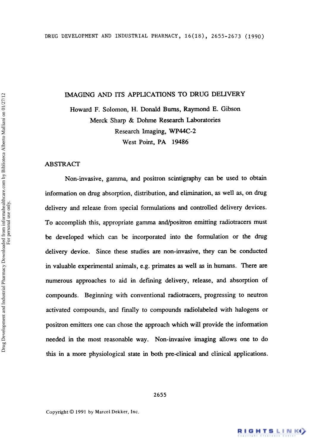 Imaging and its Applications to Drug Delivery by Howard F. Solomon H. Donald Burns & Raymond E. Gibson