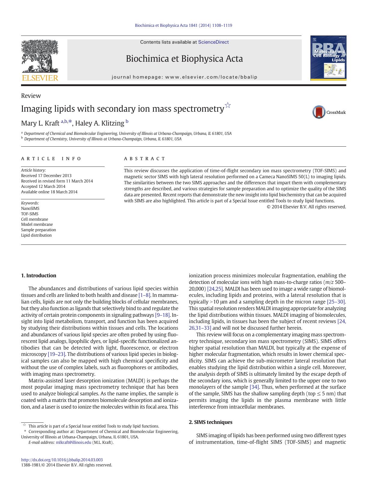 Imaging lipids with secondary ion mass spectrometry by Mary L. Kraft & Haley A. Klitzing