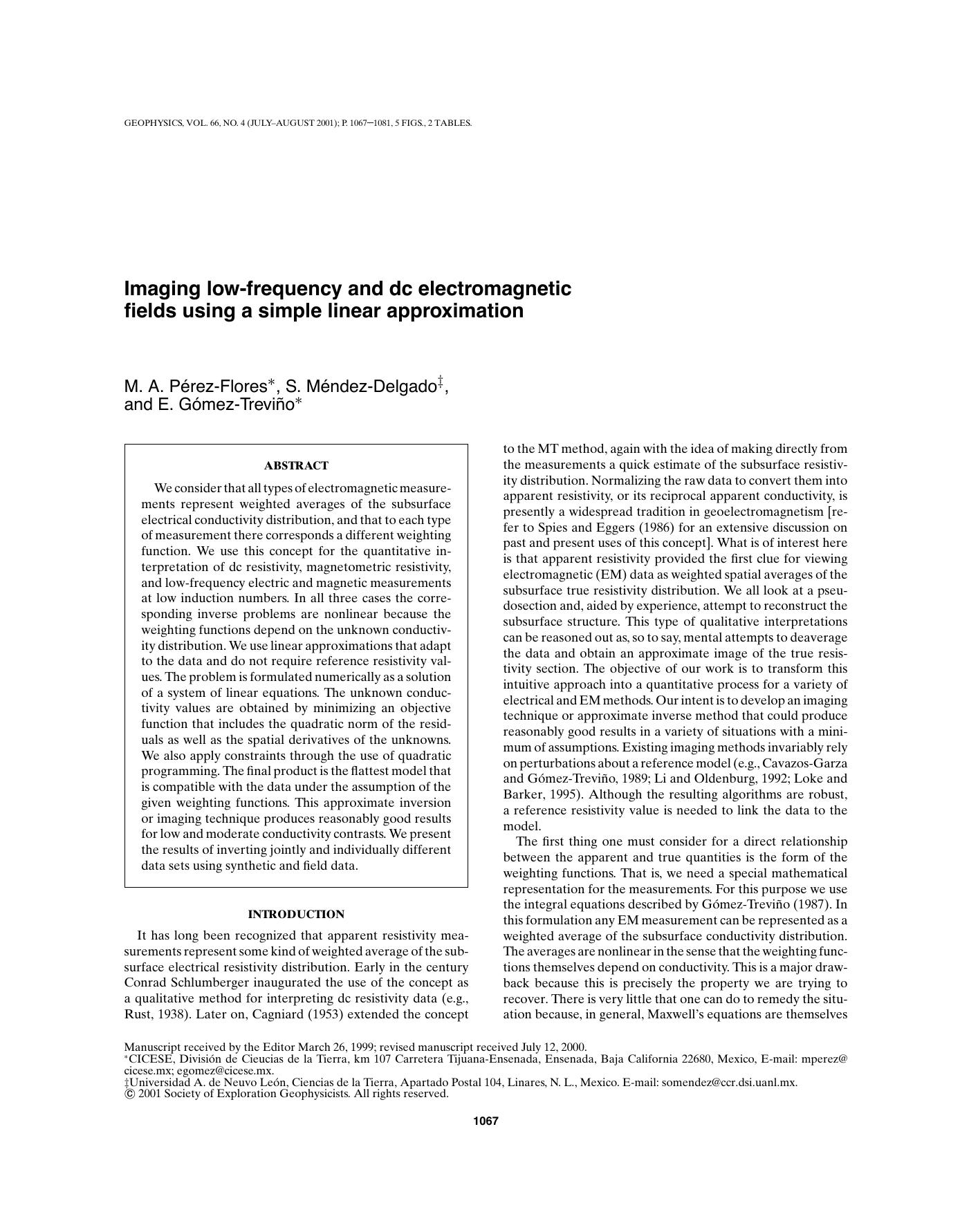 Imaging low-frequency and dc electromagnetic fields using a simple linear appro by M. A. Perez-Flores S. Mendex-Delgado E. Gomez-Trevino