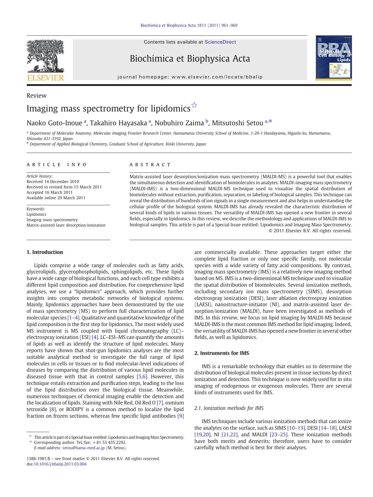 Imaging mass spectrometry for lipidomics by Naoko Goto-Inoue & Takahiro Hayasaka & Nobuhiro Zaima & Mitsutoshi Setou