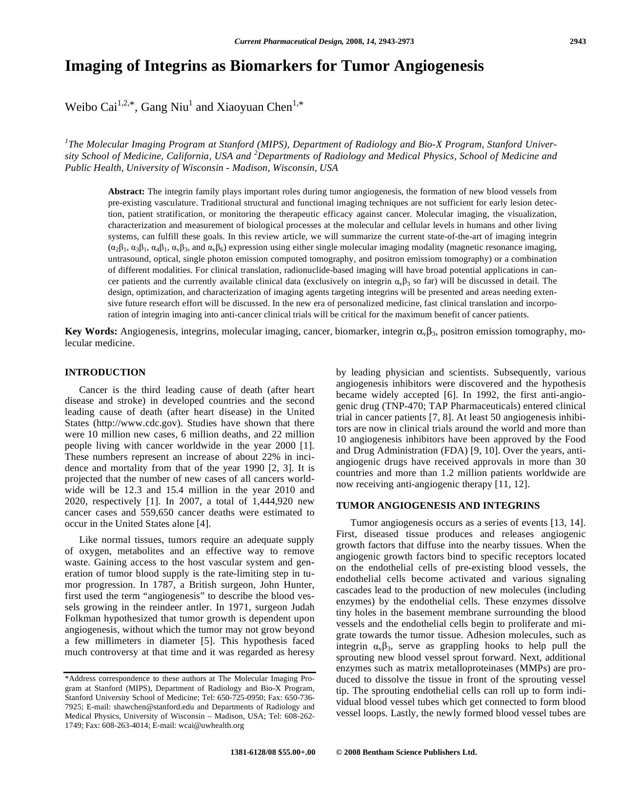 Imaging of Integrins as Biomarkers for Tumor Angiogenesis by Weibo Cai ; Gang Niu ; Xiaoyuan Chen