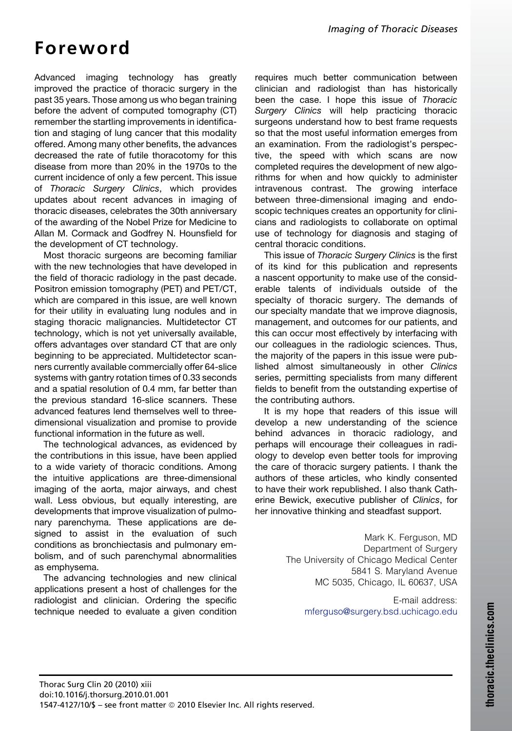 Imaging of Thoracic Diseases, An Issue of Thoracic Surgery Clinics (The Clinics: Surgery) by Mark K. Ferguson MD