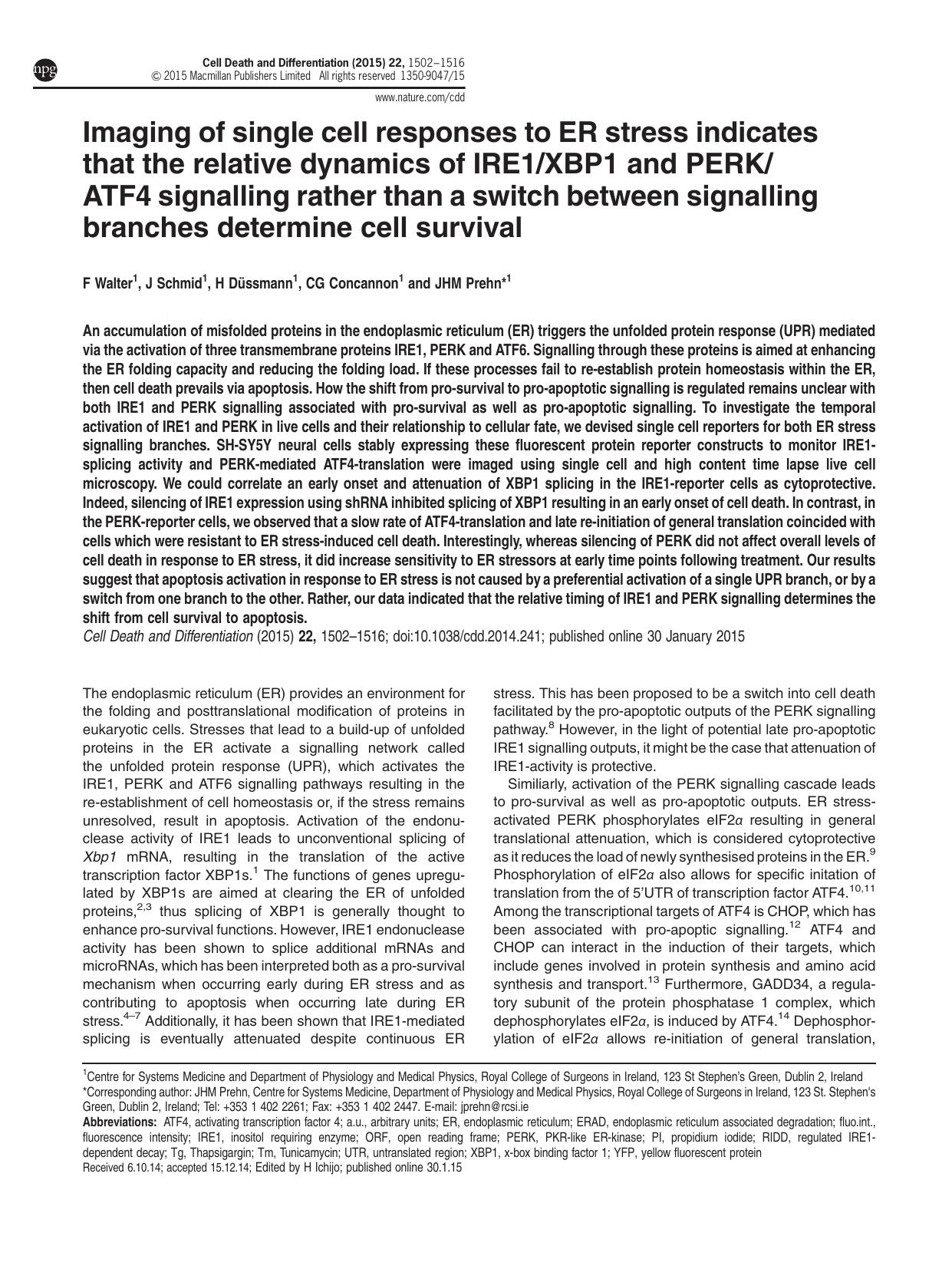 Imaging of single cell responses to ER stress indicates that the relative dynamics of IRE1&sol;XBP1 and PERK&sol;ATF4 signalling rather than a switch between signalling branches de by F Walter & J Schmid & H D&&uuml;ssmann & C G Concannon & J H M Prehn &