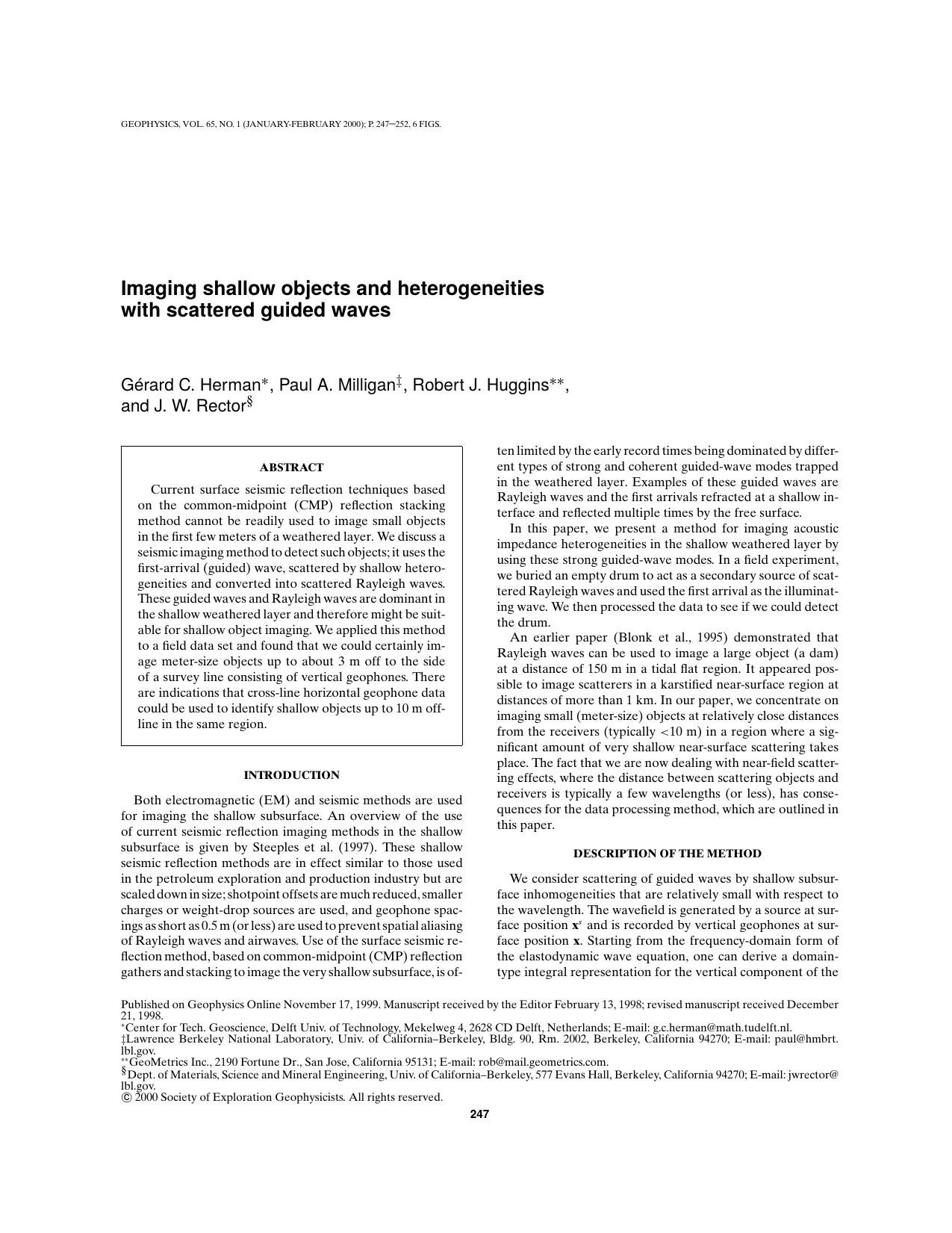 Imaging shallow objects and heterogeneities with scattered guided waves by G. C. Herman P. A. Milligan R.J. Huggins J.W. Rector