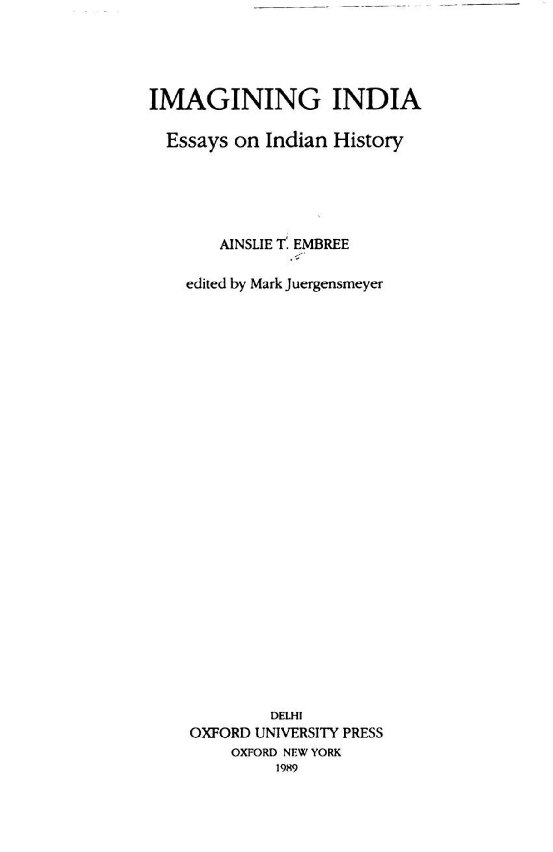 Imagining India : essays on Indian history by Ainslie T. Embree; Mark Juergensmeyer