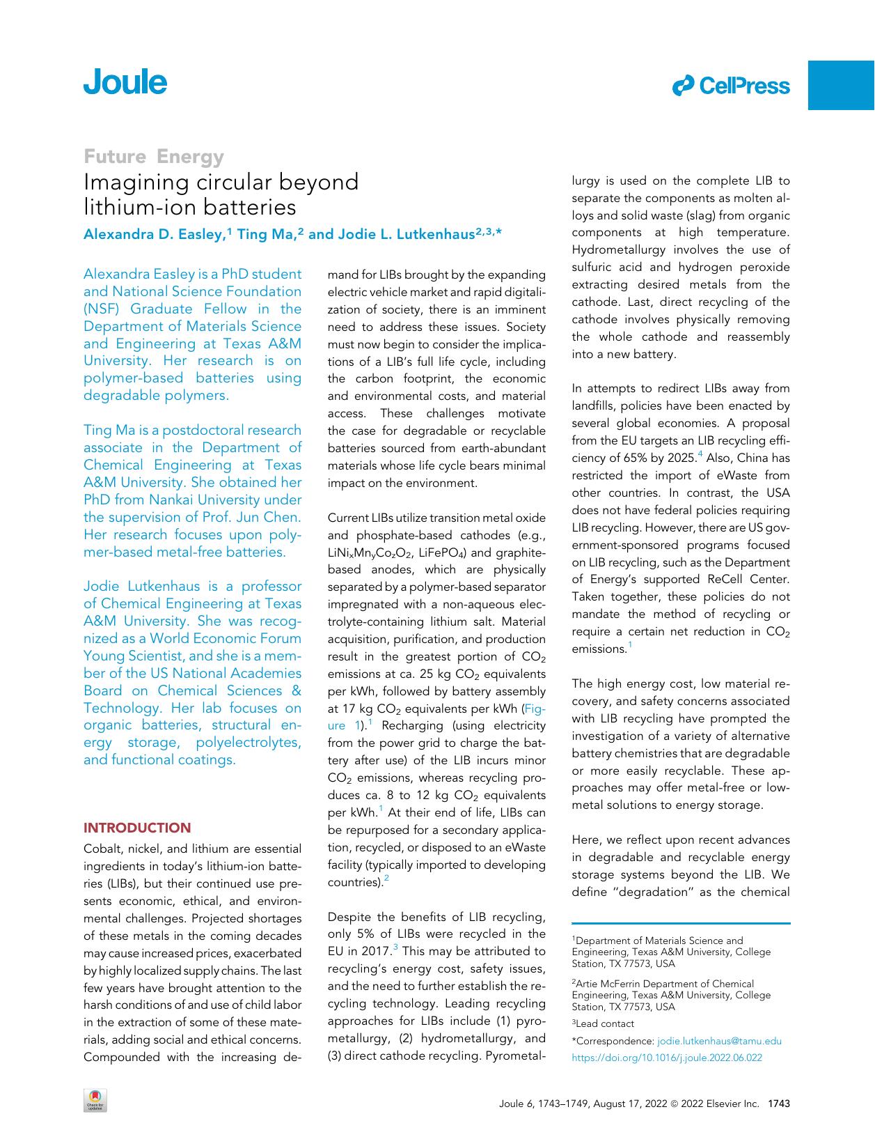 Imagining circular beyond lithium-ion batteries by Alexandra D. Easley & Ting Ma & Jodie L. Lutkenhaus