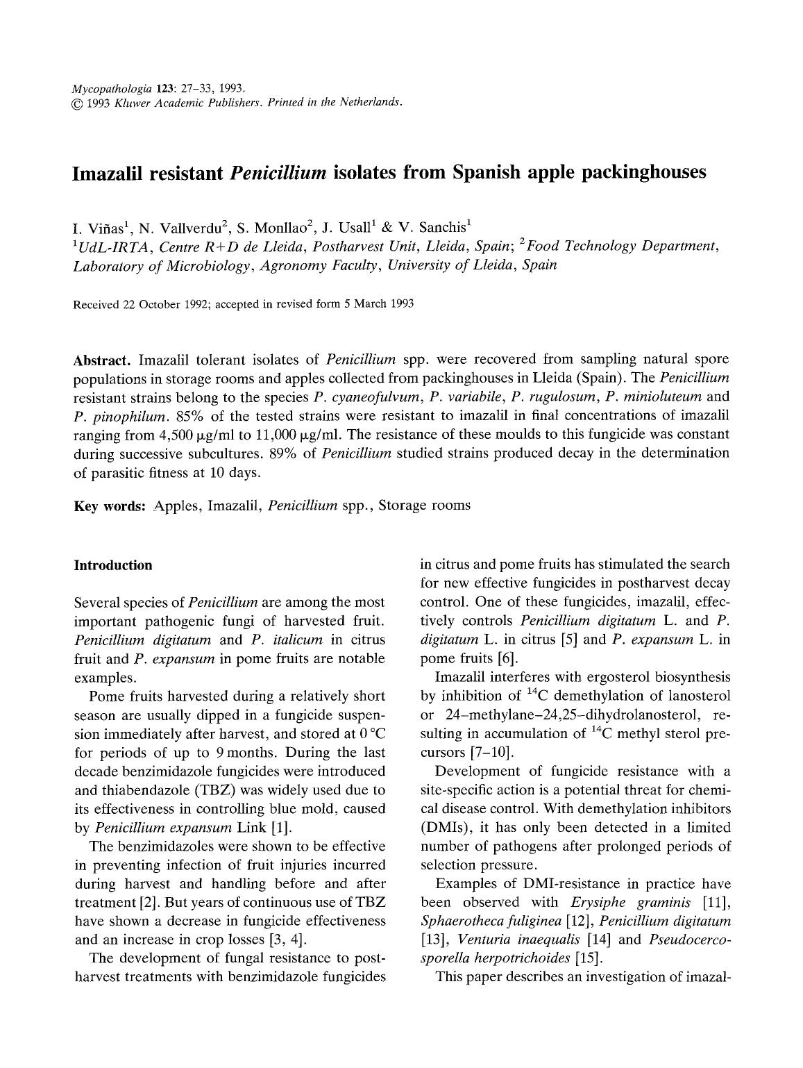 Imazalil resistant <Emphasis Type="Italic">Penicillium <Emphasis> isolates from Spanish apple packinghouses by Unknown