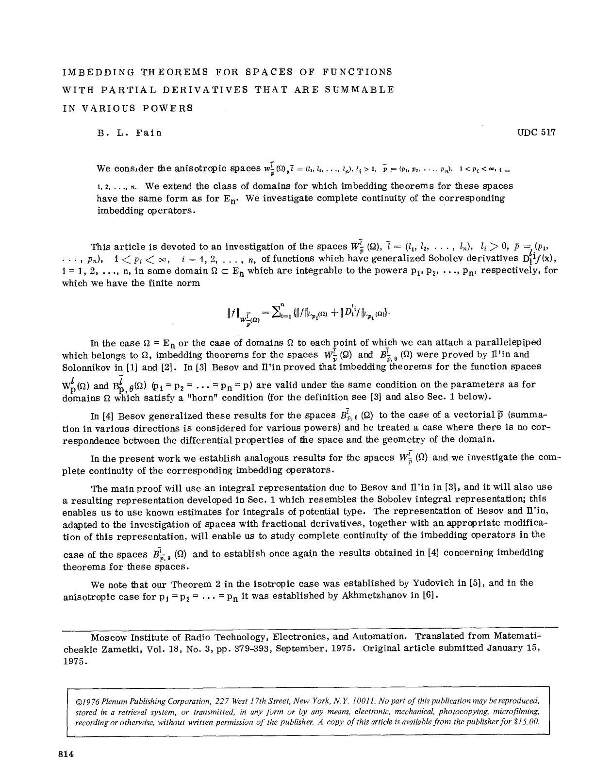 Imbedding theorems for spaces of functions with partial derivatives that are summable in various powers by Unknown