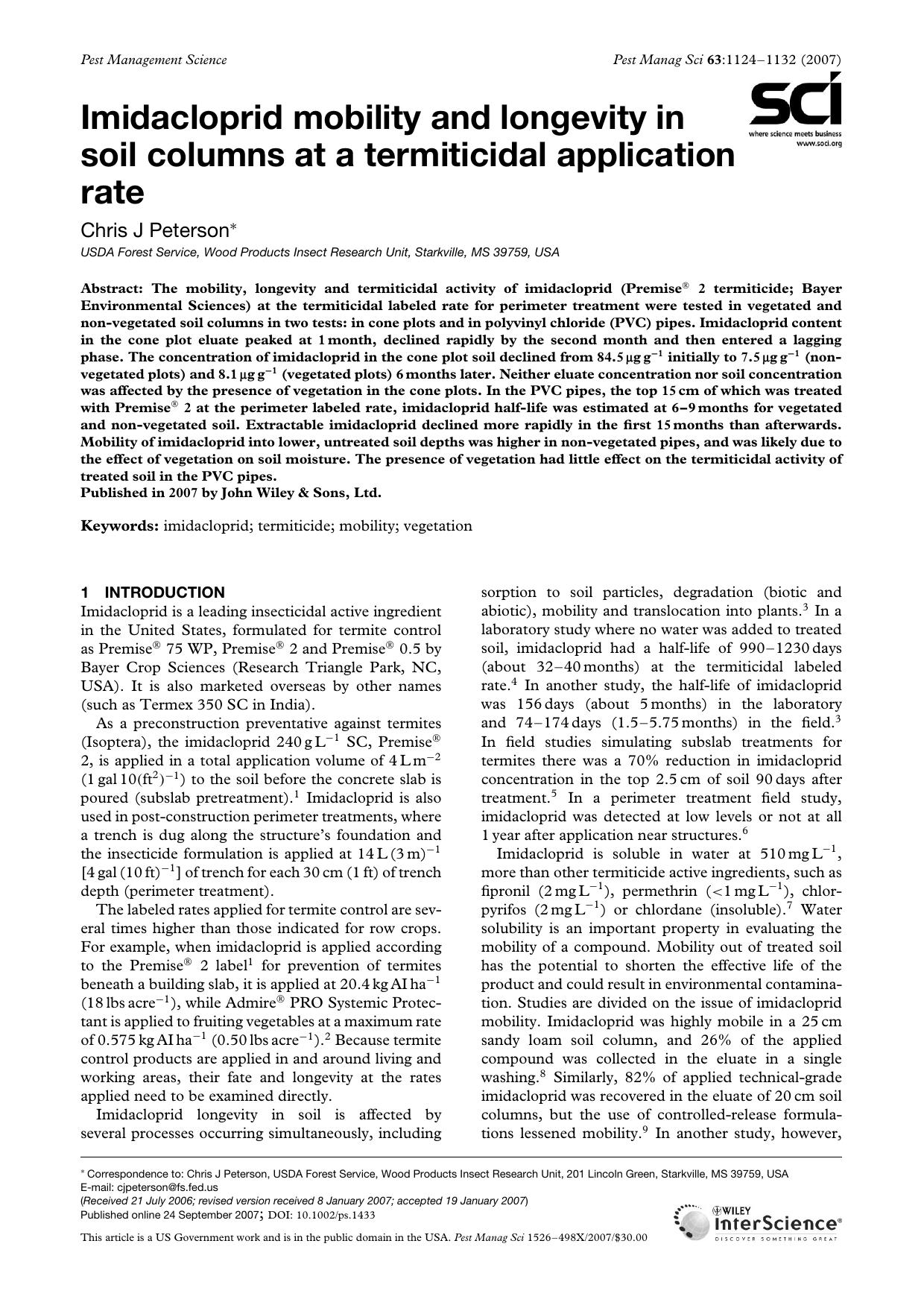 Imidacloprid mobility and longevity in soil columns at a termiticidal application rate by Unknown