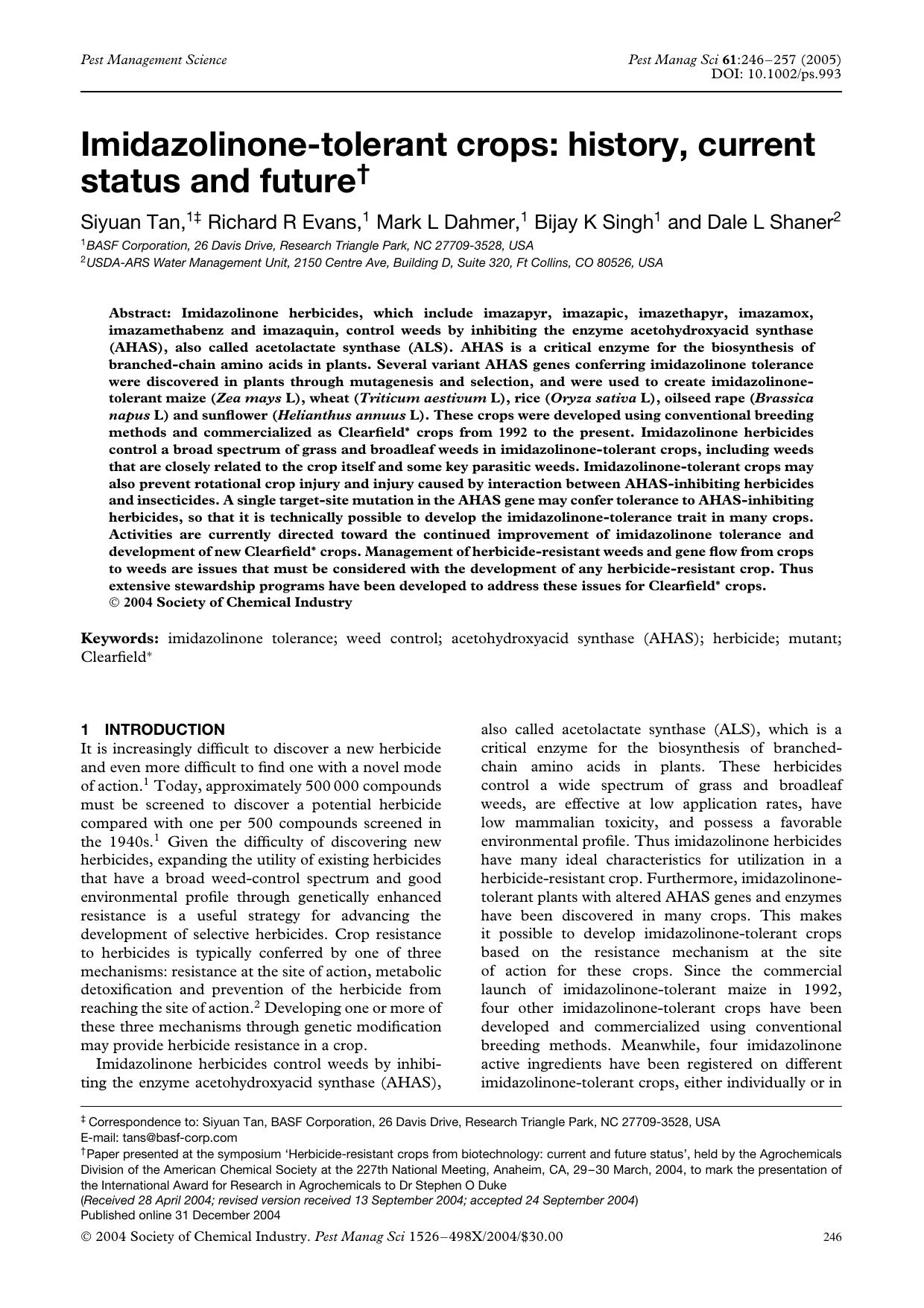 Imidazolinone-tolerant crops: history, current status and future by Unknown