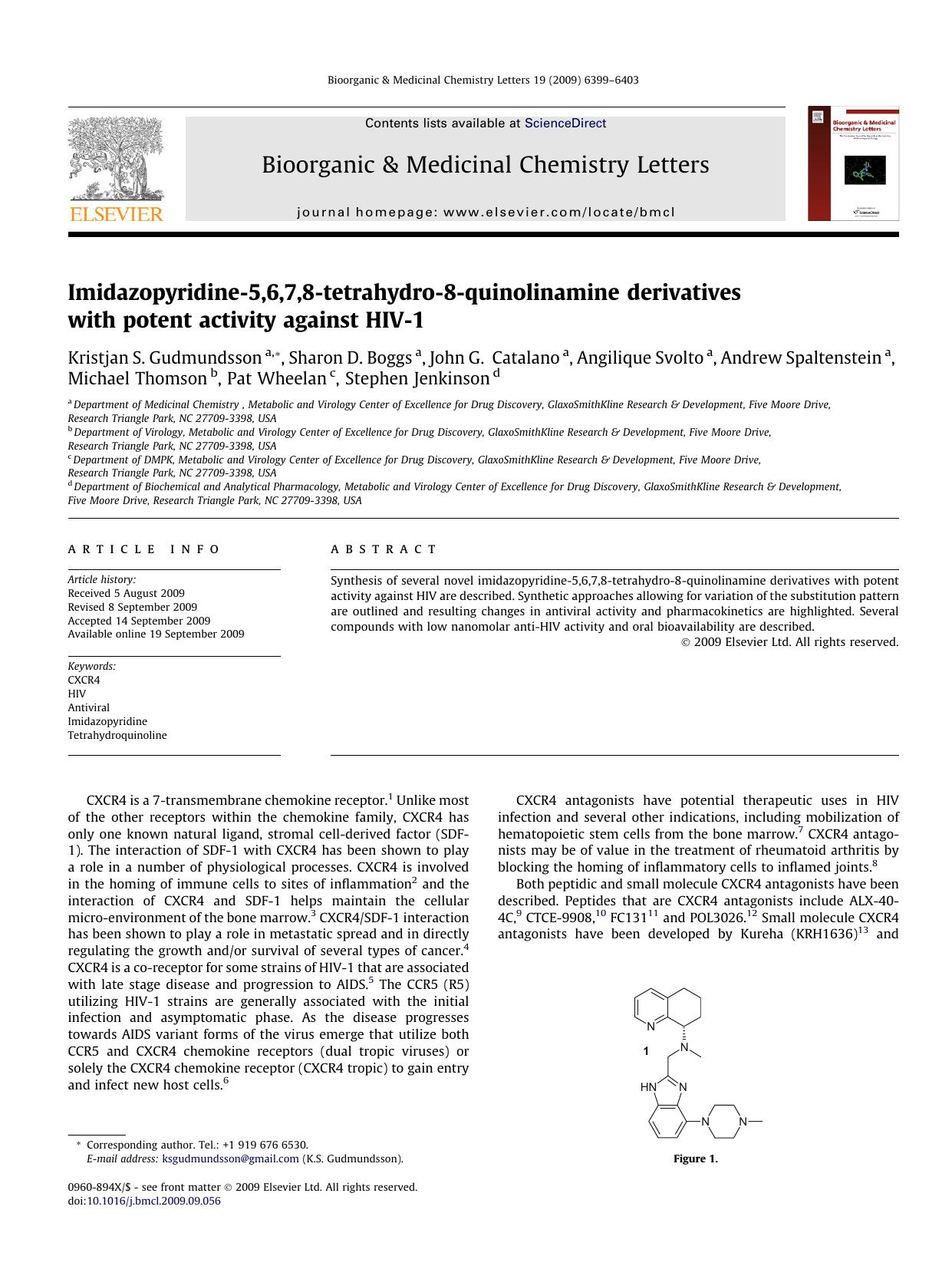 Imidazopyridine-5,6,7,8-tetrahydro-8-quinolinamine derivatives with potent activity against HIV-1 by unknow