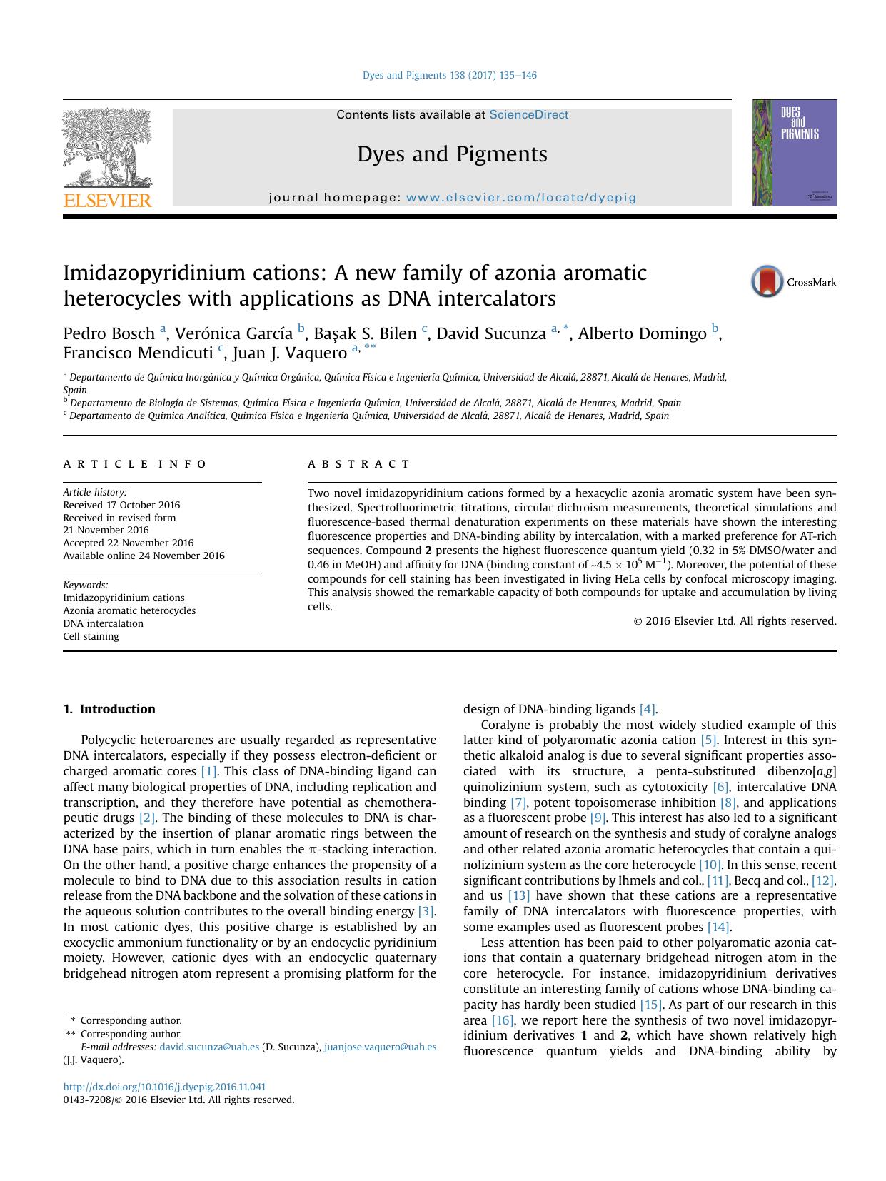 Imidazopyridinium cations: A new family of azonia aromatic heterocycles with applications as DNA intercalators by unknow
