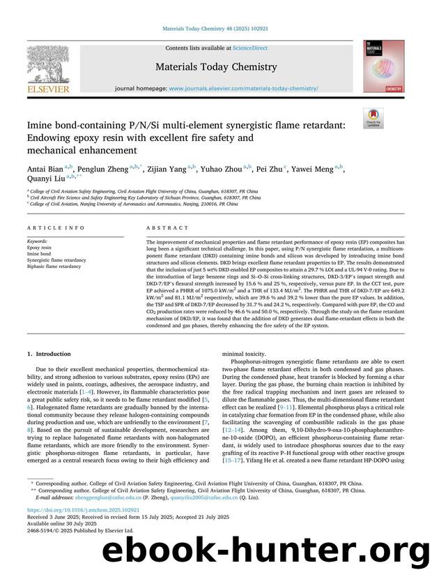 Imine bond-containing PNSi multi-element synergistic flame retardant: Endowing epoxy resin with excellent fire safety and mechanical enhancement by Antai Bian & Penglun Zheng & Zijian Yang & Yuhao Zhou & Pei Zhu & Yawei Meng & Quanyi Liu