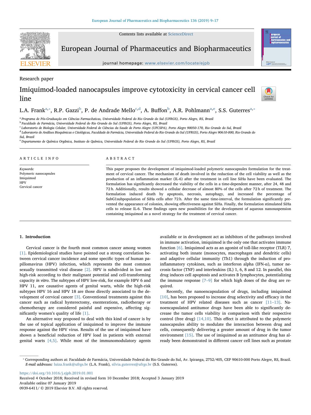 Imiquimod-loaded nanocapsules improve cytotoxicity in cervical cancer cell line by L.A. Frank & R.P. Gazzi & P. de Andrade Mello & A. Buffon & A.R. Pohlmann & S.S. Guterres