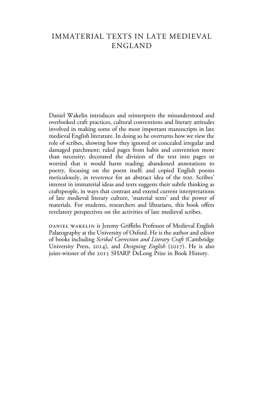 Immaterial Texts in Late Medieval England: Making English Literary Manuscripts, 1400â1500 by Daniel Wakelin